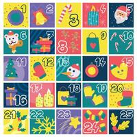 Colored advent calendar with different christmas objects Vector illustration