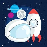 Astronaut helmet and spaceship on an universe view Vector illustration