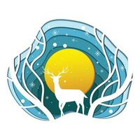 Isolated winter paper art banner with deer and trees Vector illustration