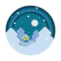 Winter landscape with trees and house Paper art style Vector illustration