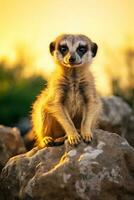 un suricata sentado en parte superior de un grande rock ai generado foto