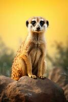 un suricata sentado en parte superior de un grande rock ai generado foto