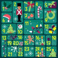 Green christmas advent calendar with different objects Vector illustration