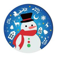 Winter paper art banner with snowman character and christmas objects Vector illustration