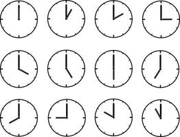 Clock icon set. Time clock icon collection. Line clock symbol isolated on white background. Collection of clock icons with varying times vector