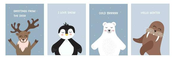 conjunto de linda ártico animales en dibujos animados estilo. polar ciervo, pingüino, morsa, sello y polar oso. plano vector ilustración en azul antecedentes
