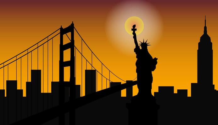Illustrations of important places in the United States At sunset.