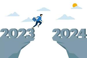 2024 hopes, new year's resolutions or opportunities for success, bright new business future changes, overcoming business difficulties, ambitious entrepreneurs overcoming the gap year 2023 to 2024. vector