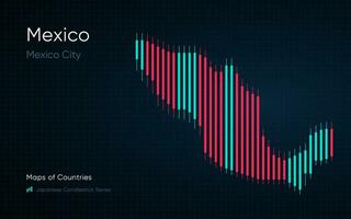 Mexico map is shown in a chart with bars and lines. Japanese candlestick chart Series vector