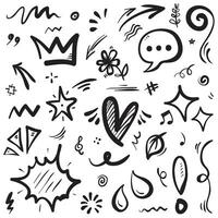 Conjunto de vectores de doodle de signo de expresión de dibujos animados dibujados a mano, flechas direccionales de curva, elementos de diseño de efectos de emoticonos, símbolos de emoción de personaje de dibujos animados, lindas líneas de trazo de pincel decorativo.