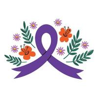 mundo epilepsia día mano dibujado vector ilustración en aislado antecedentes para púrpura día 26 marzo. diseño con púrpura cinta y flores en dibujos animados estilo para imprimir, bandera, fondo, papel, modelo