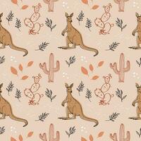 Kangaroo seamless pattern hand drawn background with animals, cactus, plants flat vector illustration. Boho backdrop for wrapping, design, print, paper, textile, card