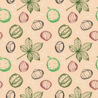 Chestnuts seamless pattern with plant, fruit, sweet chestnut repeating background. Backdrop with nuts decorative ornament for print, paper, wrapping, card, template, packaging. Vector illustration