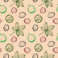 Chestnuts seamless pattern with plant, fruit, sweet chestnut repeating background. Backdrop with nuts decorative ornament for print, paper, wrapping, card, template, packaging. Vector illustration