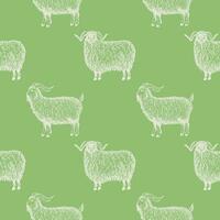 Goats, rams, sheeps seamless pattern vector background with engraved animals. Repeating decorative backdrop with farm animal in field. Domesticated ruminant for print, paper, card, textile, design