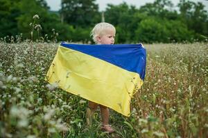 bandera de Ucrania en manos de sonriente pequeño muchacha. contento niño lleva amarillo azul bandera. día de de ucrania incapacidad. foto