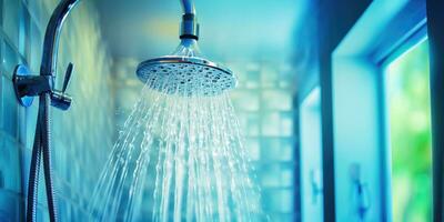 AI generated Shower Time Splendor - Close-Up of Water Pouring from Shower Head - Generative AI photo