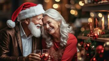 AI generated Seasonal Celebrations for Seniors - Elderly Couple Hugging and Enjoying Christmas - Generative AI photo