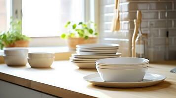 AI generated Tidy Kitchen Space - Set of Clean Dishes in the Foreground, Sink, and Window - Generative AI photo