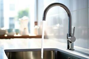AI generated Hygienic Household - Running Water in Kitchen Sink from the Faucet - Generative AI photo