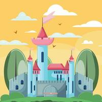 Colourful castle in the forest and yellow sky. Dreamland illustration vector