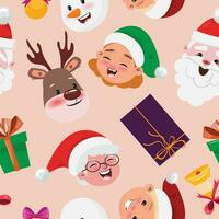 Seamless pattern with Christmas characters faces and gift boxes on beige background vector