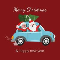 Poster with Santa Claus and Mrs. Claus transporting Christmas tree in a blue car vector