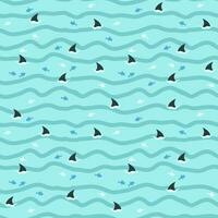 Waves in the sea and sharks. Seamless pattern. Children's print. Vector illustration