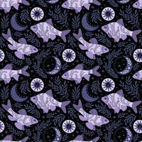 fish and stars, crescent. Seamless pattern. Mystical print design on a purple background. Hand drawn vector illustration.