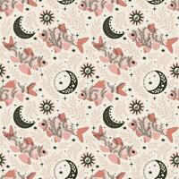 fish and stars, crescent. Seamless pattern. Mystical print design on a pink background. Hand drawn vector illustration.