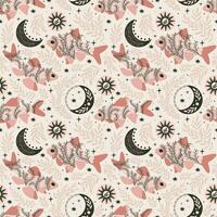 fish and stars, crescent. Seamless pattern. Mystical print design on a pink background. Hand drawn vector illustration.