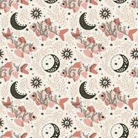 fish and stars, crescent. Seamless pattern. Mystical print design on a pink background. Hand drawn vector illustration.