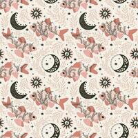 fish and stars, crescent. Seamless pattern. Mystical print design on a pink background. Hand drawn vector illustration.