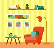 Stylish retro design of the living room - armchair, coffee table, lamp, shelf for books, paintings with abstract. Large comfortable red chair. Flat style vector illustration