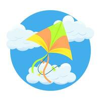 Colorful kite in the clouds and blue sky. Beautiful device made of paper and cardboard. Great for greeting card, web page, flyer, poster, banner, invitation for festival of India. Vector illustration