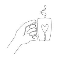 One continuous line drawing of hand holding a ceramic mug. Side view. Hot coffee or tea concept. Great for print, menu, postcard, invitation. Sketch, line art. Minimalist style. Vector illustration