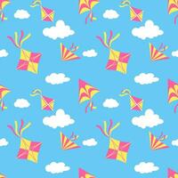 Seamless pattern with kites in the blue sky and white clouds. Great for baby design, wallpaper, pattern fills, web page, fabrics, surface, cards. Vector illustration