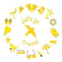 Hand drawn lettering Let's go travel. Inside the inscription is an airplane, and around the text are icons with a tourism theme. Template for banner, poster, web or print design. Vector illustration