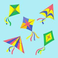 Set of different geometric kites. Beautiful colorful devices made of paper and cardboard. Wind flying toy for kids, summer game. Vector illustration in cartoon style