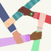 Five hands holding in circle. Concept of community, partnership, teamwork, unity of different people, racial equality. International and multicultural society and population. Vector illustration