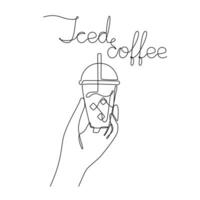 Single line drawing of a hand holding a cup of iced coffee. Clear plastic cup with sphere dome cap. Calligraphic inscription. Template for print, card, menu, logo, poster. Sketch, line art. Minimalism vector