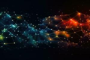 Abstract polygonal space low poly dark background with connecting dots and lines, Abstract illustration of data flowing through a network of nodes and interconnected lines, AI Generated photo