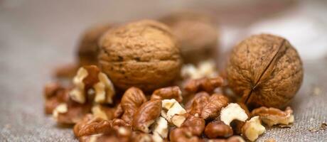 Whole walnuts and split on table. kernels of walnuts are dried and ready to eat. Soft focus. Blured picture. photo