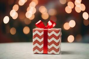 Christmas gift with red ribbon on festive blurred background. Natural wrapping paper. Zero waste concept. AI Generative photo