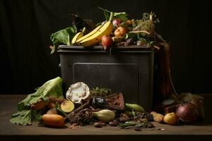 Trash bin full of fresh organic vegetables and fruits on wooden background Generative AI photo