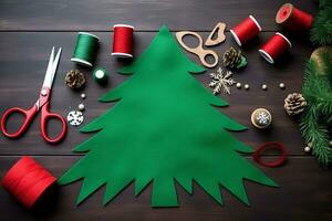 Navidad árbol hecho de sintió con tijeras, carretes de hilo y otro accesorios en de madera antecedentes generativo ai foto