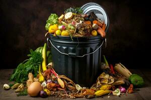 Trash bin full of fresh organic vegetables and fruits on wooden background Generative AI photo