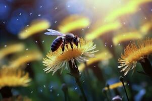 miel abeja en diente de león campo a puesta de sol generativo ai foto