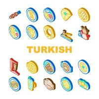 turkish cuisine food dinner icons set vector