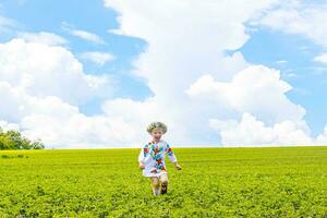 flag of Ukraine is on the shoulders of a little Ukrainian girl. Happy Ukrainian child in free Ukraine without war runs along a rural road in a field of farm soybean.. International Mother Language Day. photo